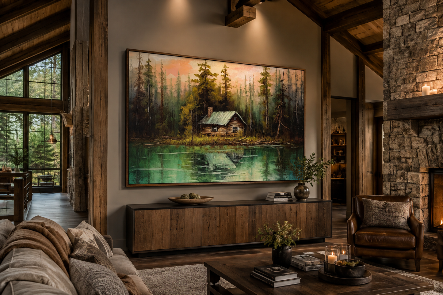 Rustic Lake And Cabin Framed Canvas Wall Art For Lake House