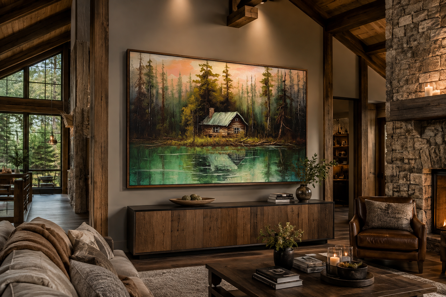 Rustic Lake And Cabin Framed Canvas Wall Art For Lake House