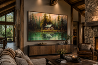 Rustic Lake And Cabin Framed Canvas Wall Art For Lake House