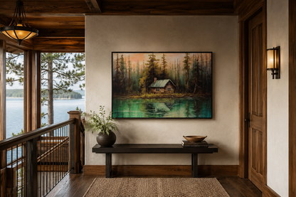 Rustic Lake And Cabin Framed Canvas Wall Art For Lake House