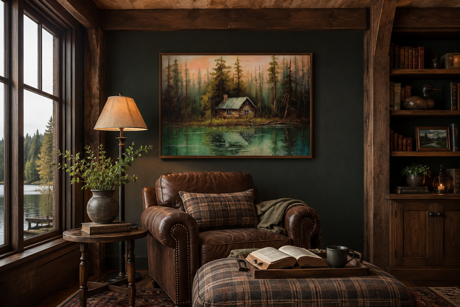 Rustic Lake And Cabin Framed Canvas Wall Art For Lake House