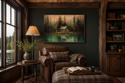 Rustic Lake And Cabin Framed Canvas Wall Art For Lake House