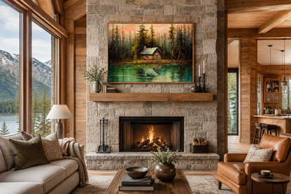 Rustic Lake And Cabin Framed Canvas Wall Art For Lake House