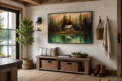 Rustic Lake And Cabin Framed Canvas Wall Art For Lake House
