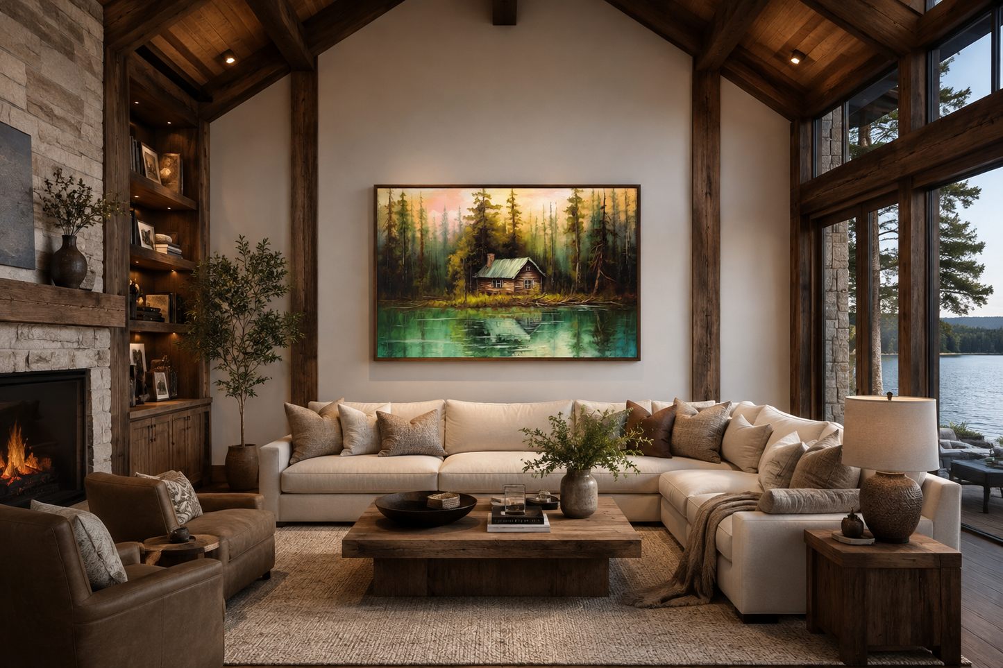 Rustic Lake And Cabin Framed Canvas Wall Art For Lake House