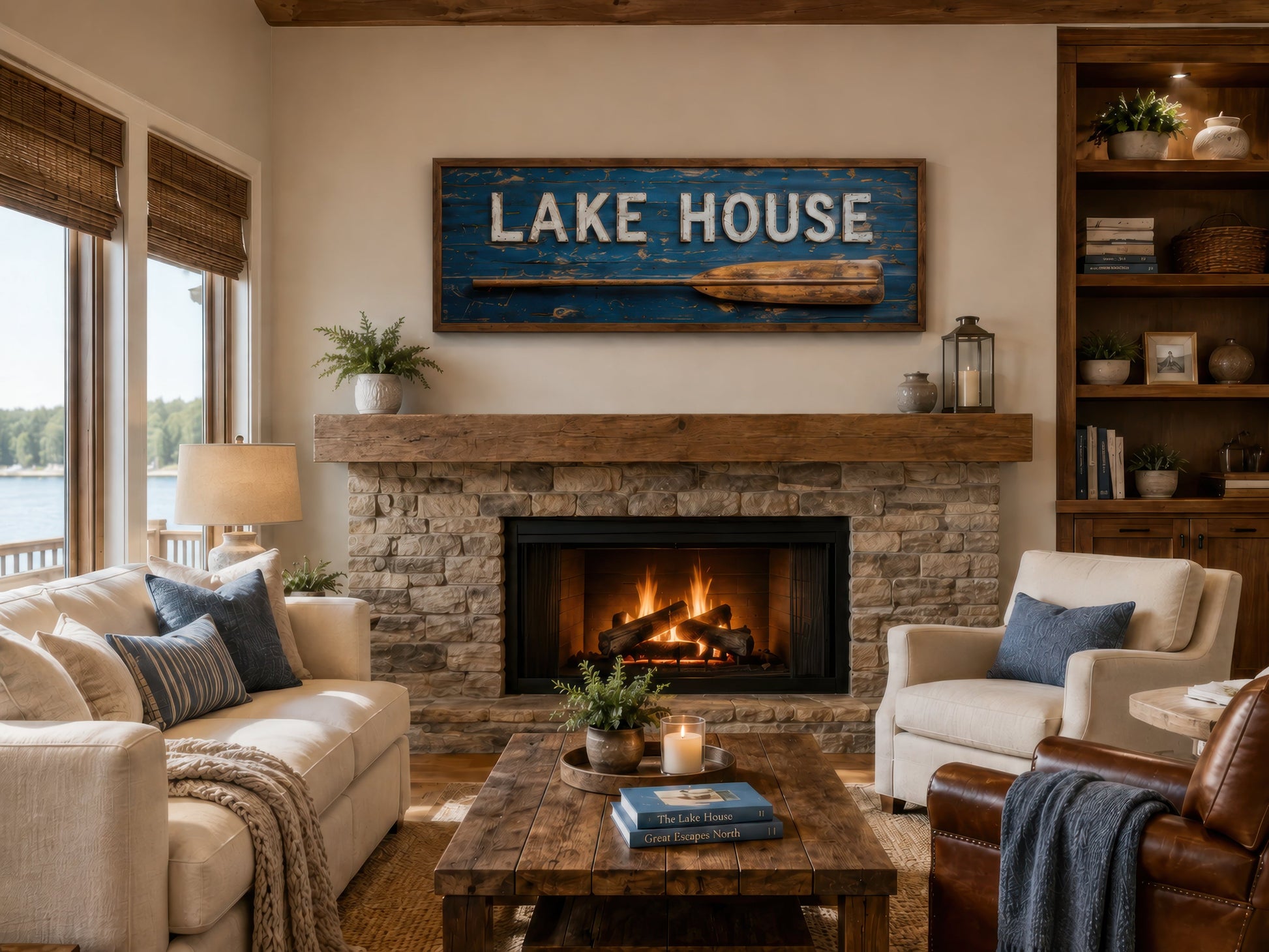 Lake House Sign With Oar Long Horizontal Framed Canvas Wall Art