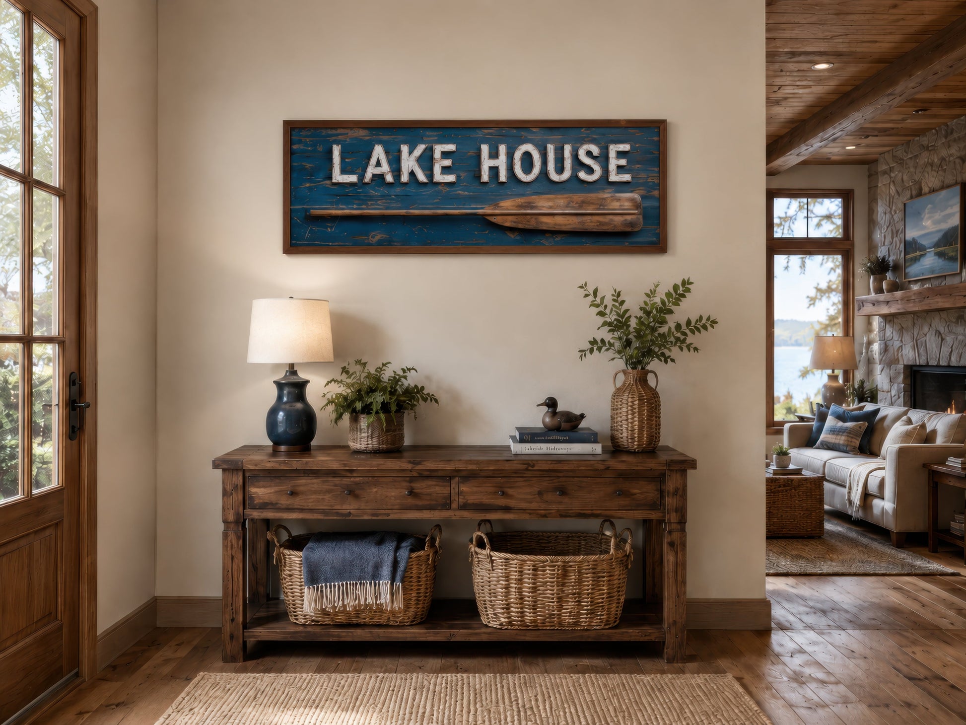 Lake House Sign With Oar Long Horizontal Framed Canvas Wall Art