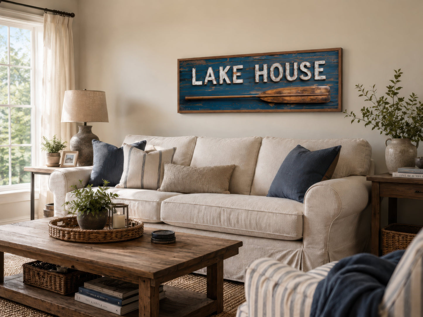 Lake House Sign With Oar Long Horizontal Framed Canvas Wall Art