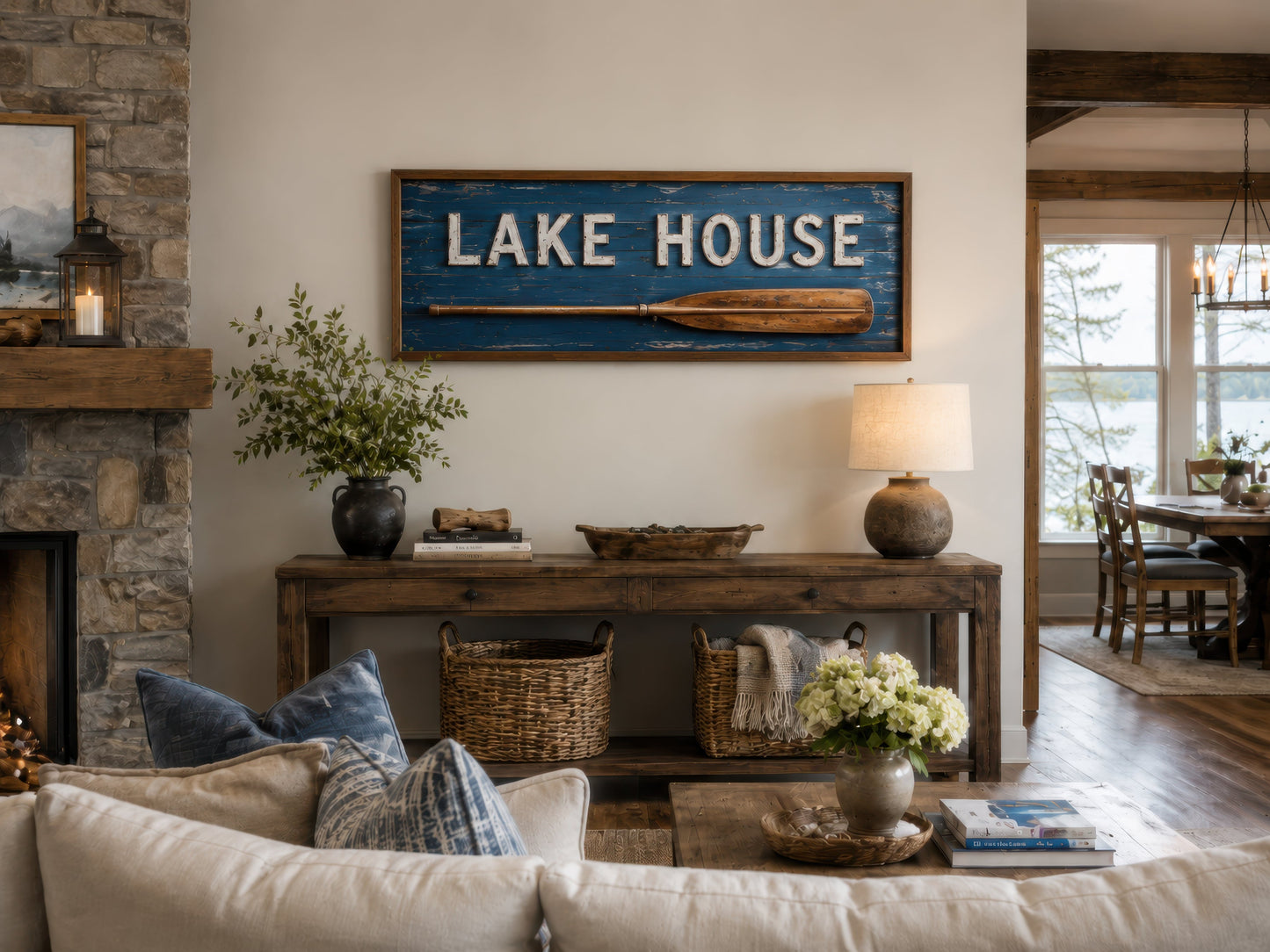 Lake House Sign With Oar Long Horizontal Framed Canvas Wall Art