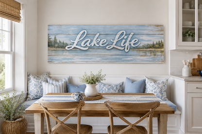 Lake Life Sign Wall Art – Large Horizontal Panoramic Canvas | Rustic Cabin Decor