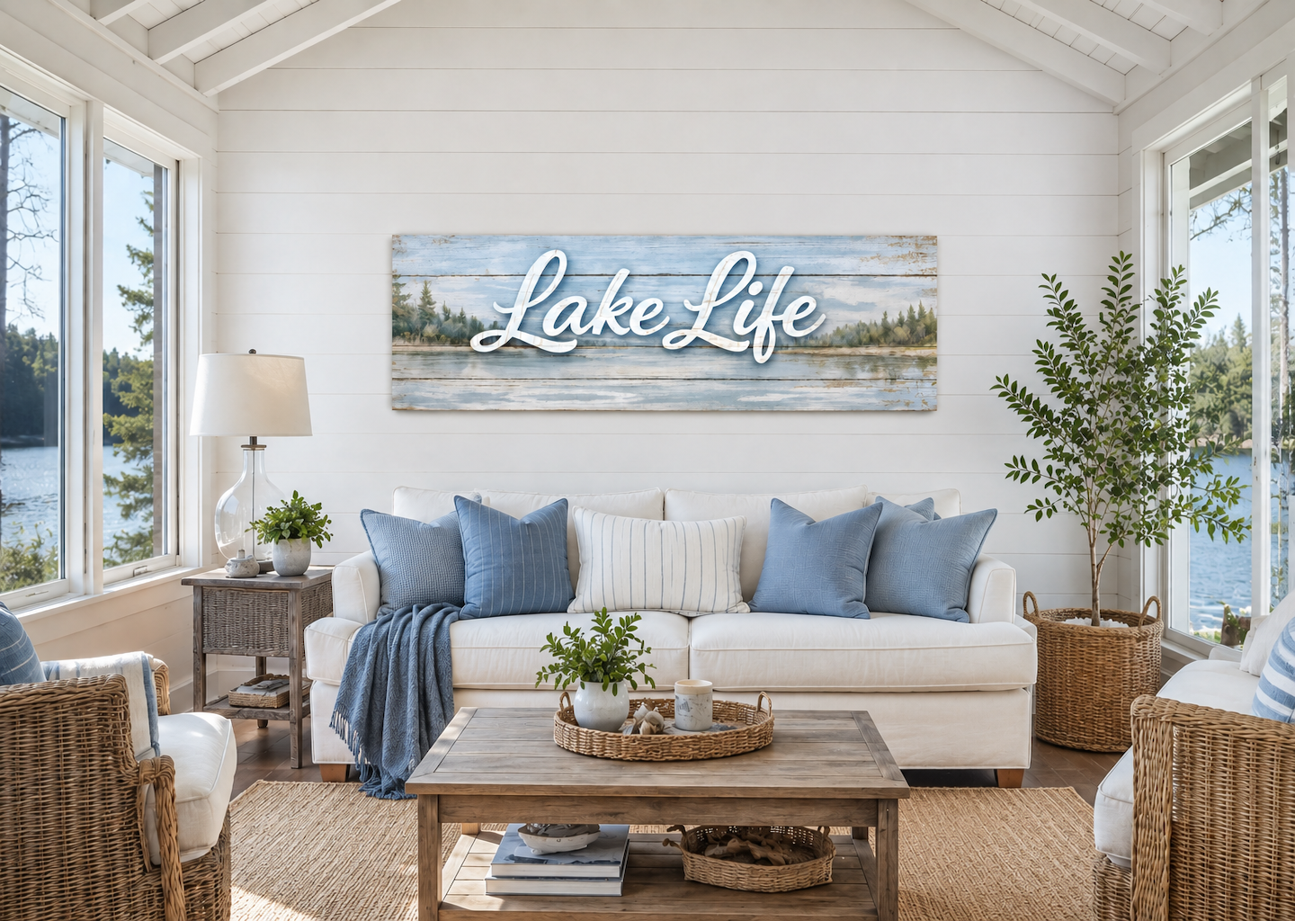 Lake Life Sign Wall Art – Large Horizontal Panoramic Canvas | Rustic Cabin Decor