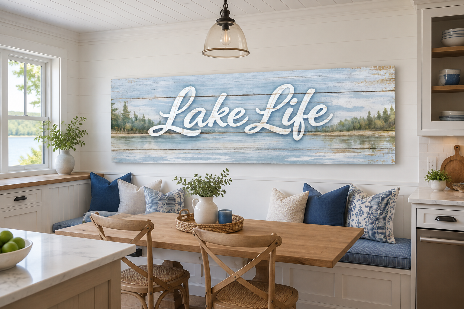Lake Life Sign Wall Art – Large Horizontal Panoramic Canvas | Rustic Cabin Decor