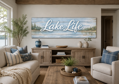 Lake Life Sign Wall Art – Large Horizontal Panoramic Canvas | Rustic Cabin Decor