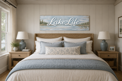 Lake Life Sign Wall Art – Large Horizontal Panoramic Canvas | Rustic Cabin Decor