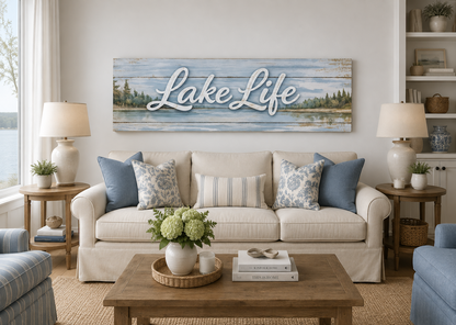 Lake Life Sign Wall Art – Large Horizontal Panoramic Canvas | Rustic Cabin Decor