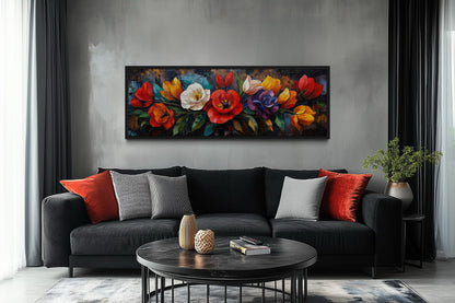 Large Floral Long Horizontal Framed Canvas Living Room Wall Art