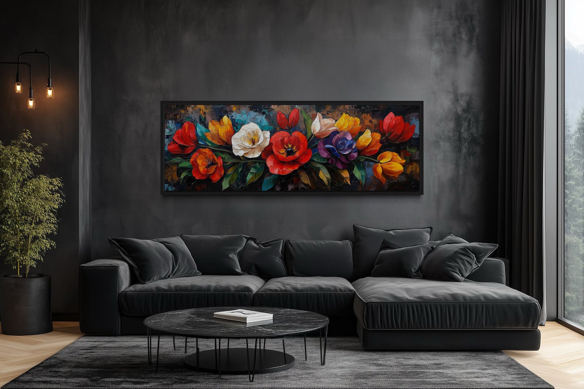 Large Floral Long Horizontal Framed Canvas Living Room Wall Art