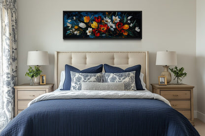 Large Orange Red Floral Tulips Long Horizontal Framed Canvas Wall Art