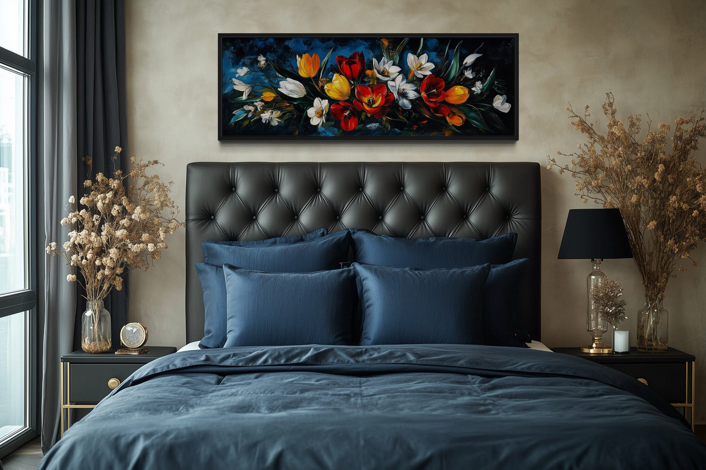 Large Orange Red Floral Tulips Long Horizontal Framed Canvas Wall Art
