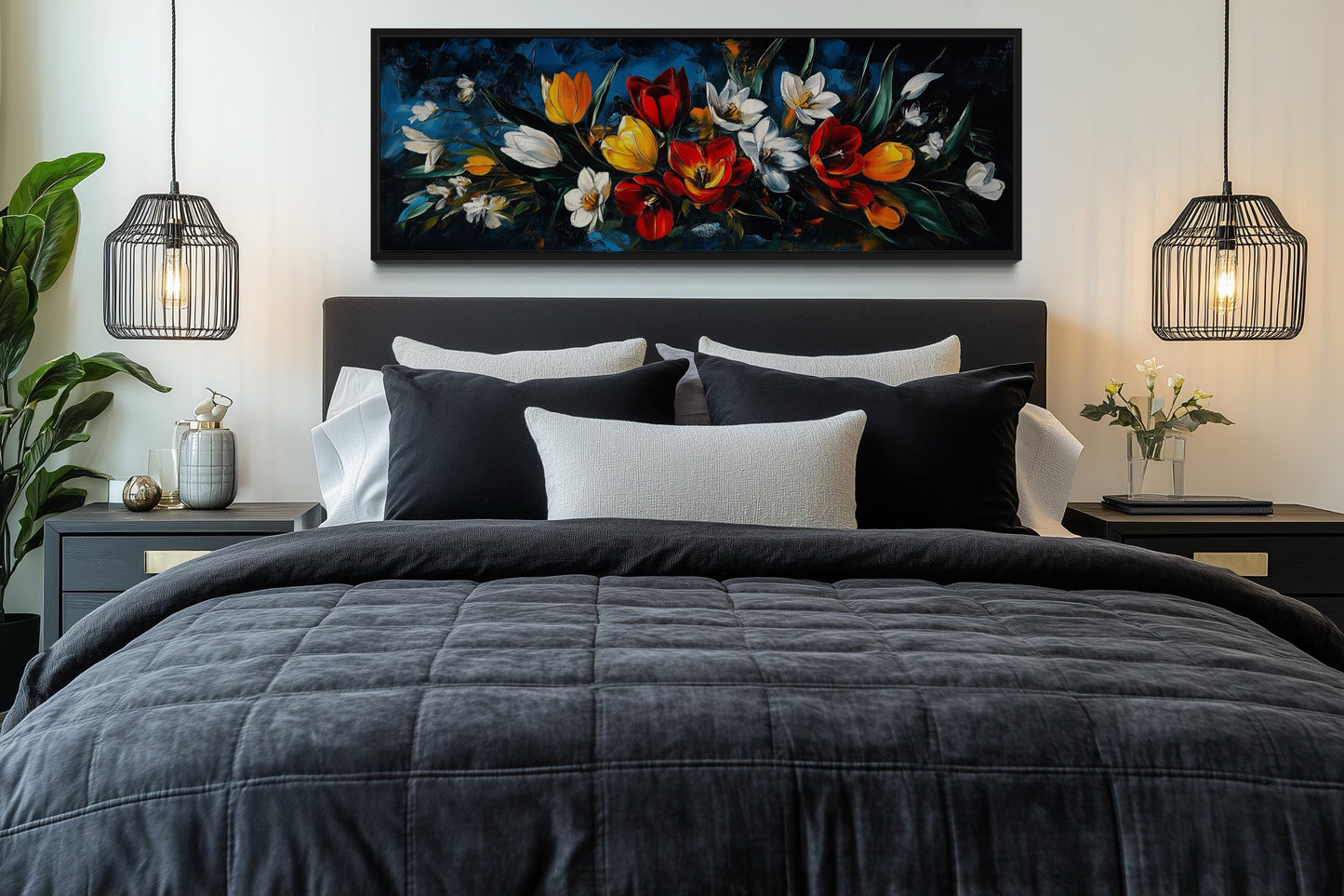 Large Orange Red Floral Tulips Long Horizontal Framed Canvas Wall Art
