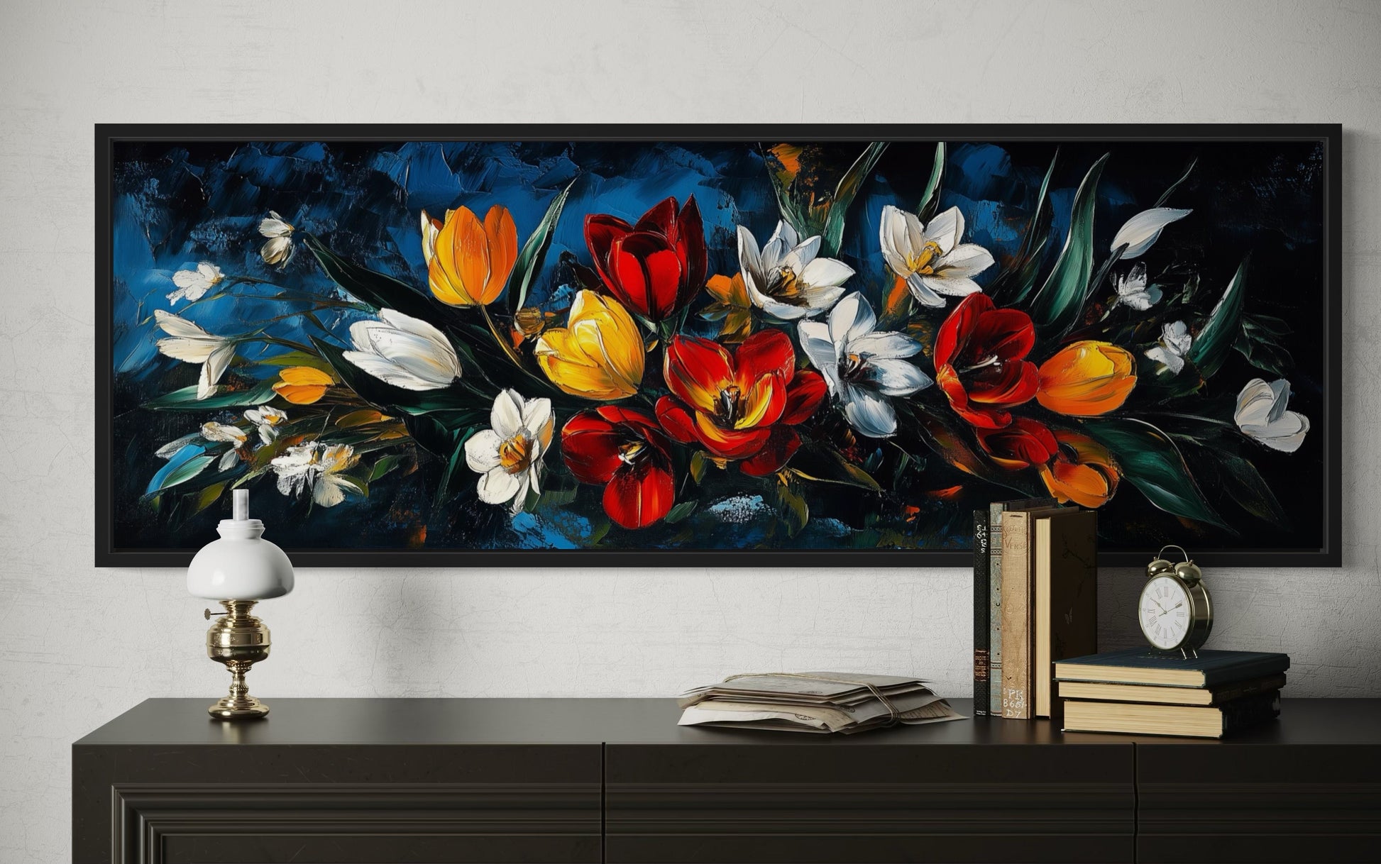 Large Orange Red Floral Tulips Long Horizontal Framed Canvas Wall Art