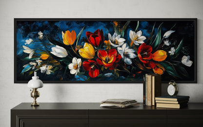Large Orange Red Floral Tulips Long Horizontal Framed Canvas Wall Art