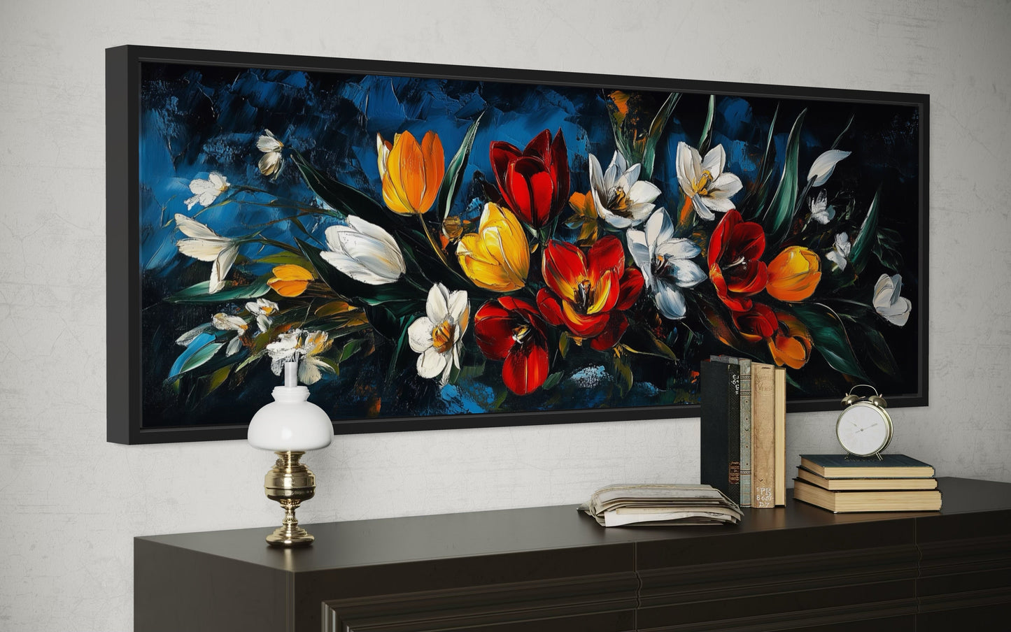 Large Orange Red Floral Tulips Long Horizontal Framed Canvas Wall Art