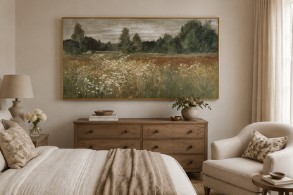 Neutral Wildflower Meadow Wall Art, Field Landscape For Farmhouse Wall Decor