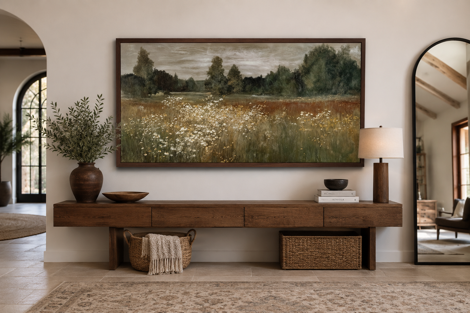 Neutral Wildflower Meadow Wall Art, Field Landscape For Farmhouse Wall Decor