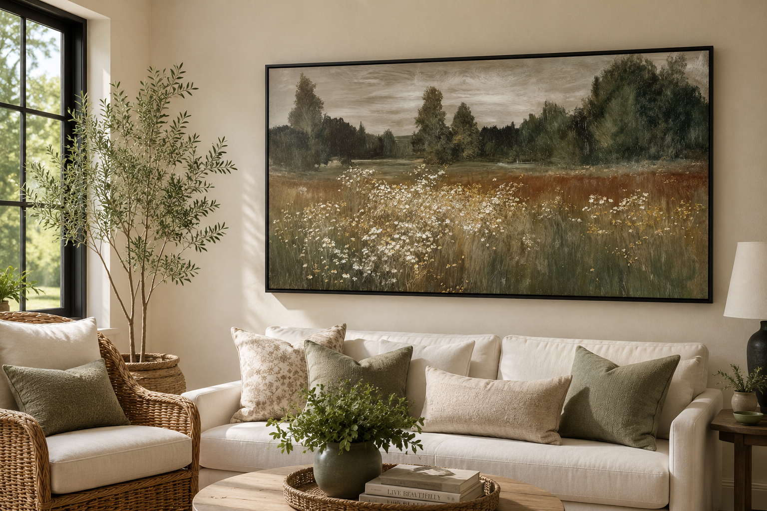Neutral Wildflower Meadow Wall Art, Field Landscape For Farmhouse Wall Decor