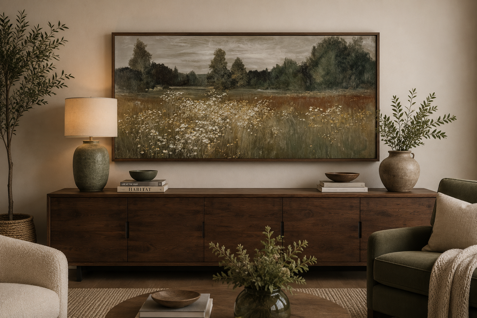 Neutral Wildflower Meadow Wall Art, Field Landscape For Farmhouse Wall Decor