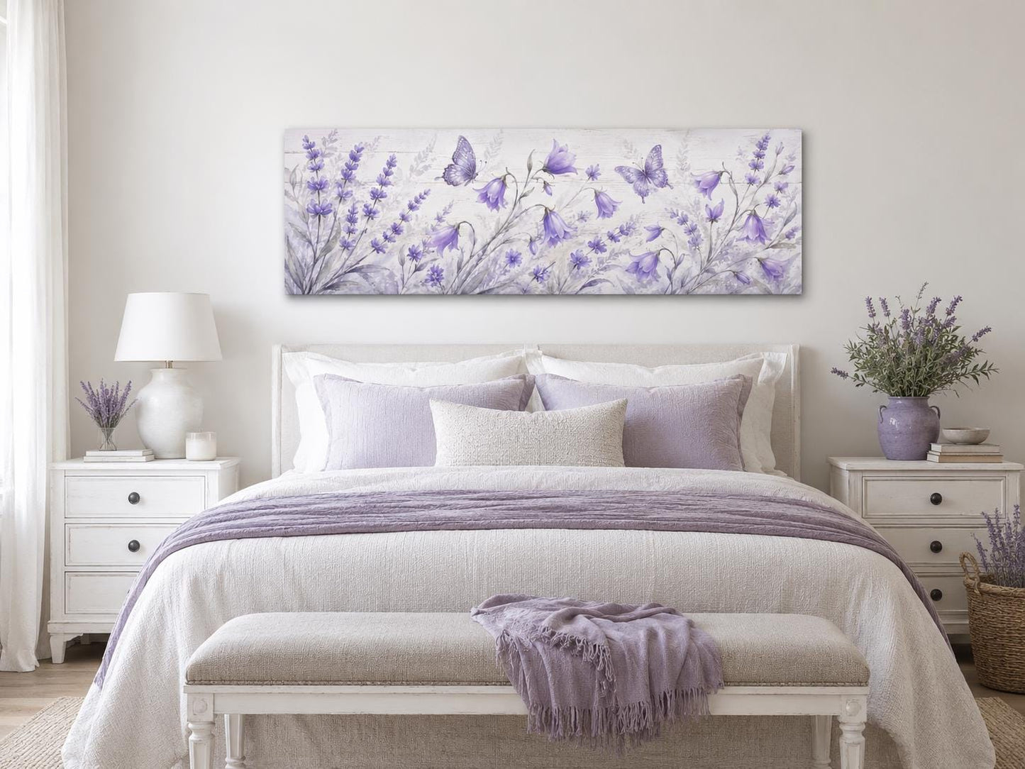 Lavender Bedroom Canvas - Long Horizontal Wildflowers Wall Art with Butterflies