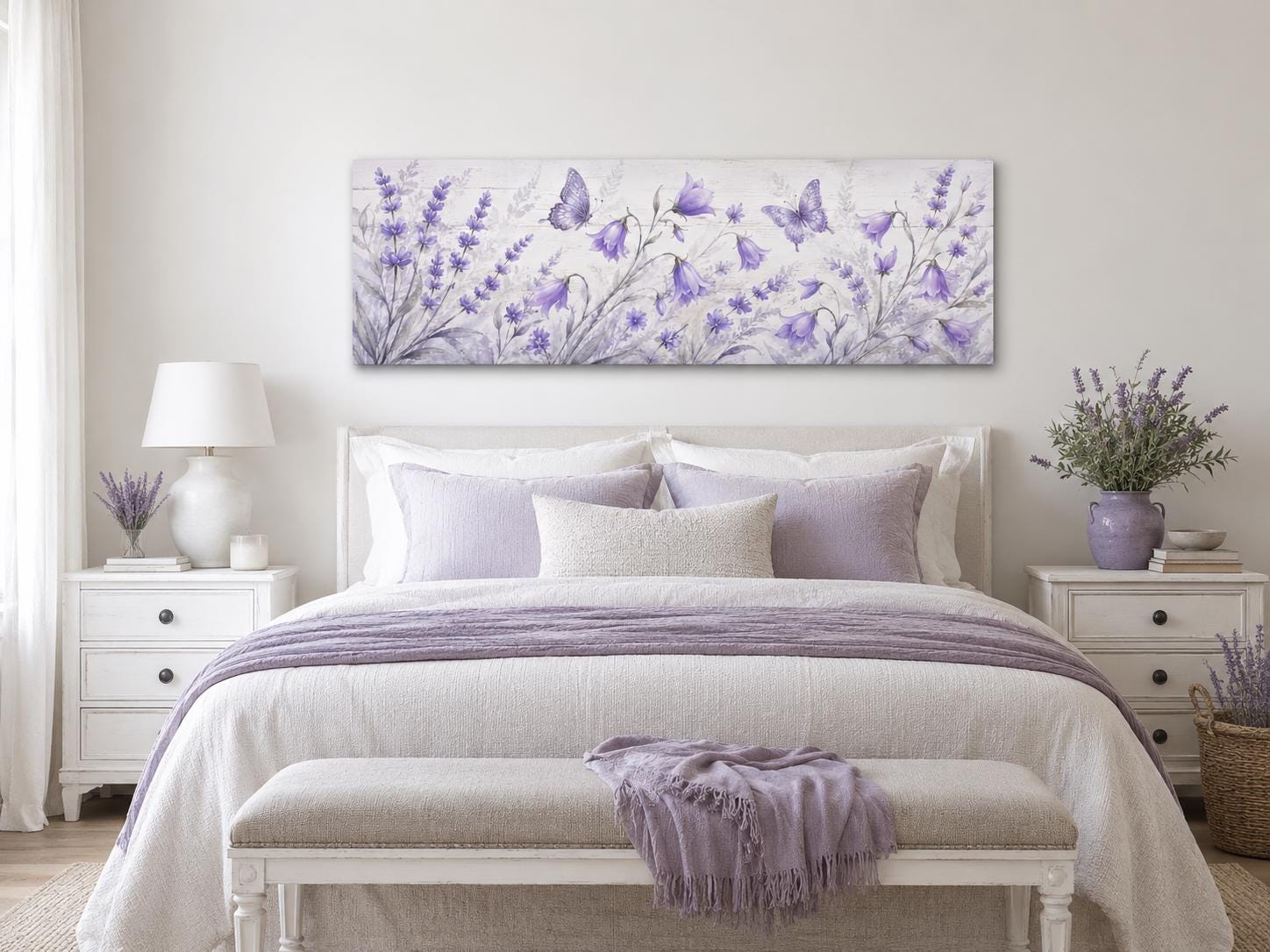 Lavender Bedroom Canvas - Long Horizontal Wildflowers Wall Art with Butterflies