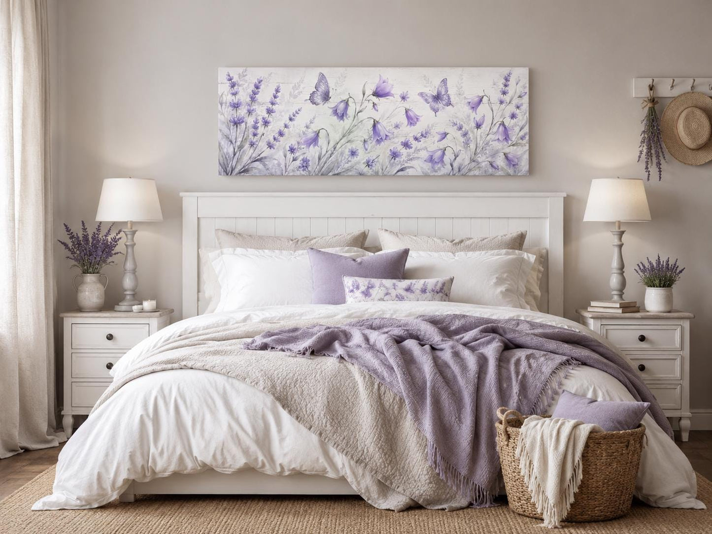 Lavender Bedroom Canvas - Long Horizontal Wildflowers Wall Art with Butterflies