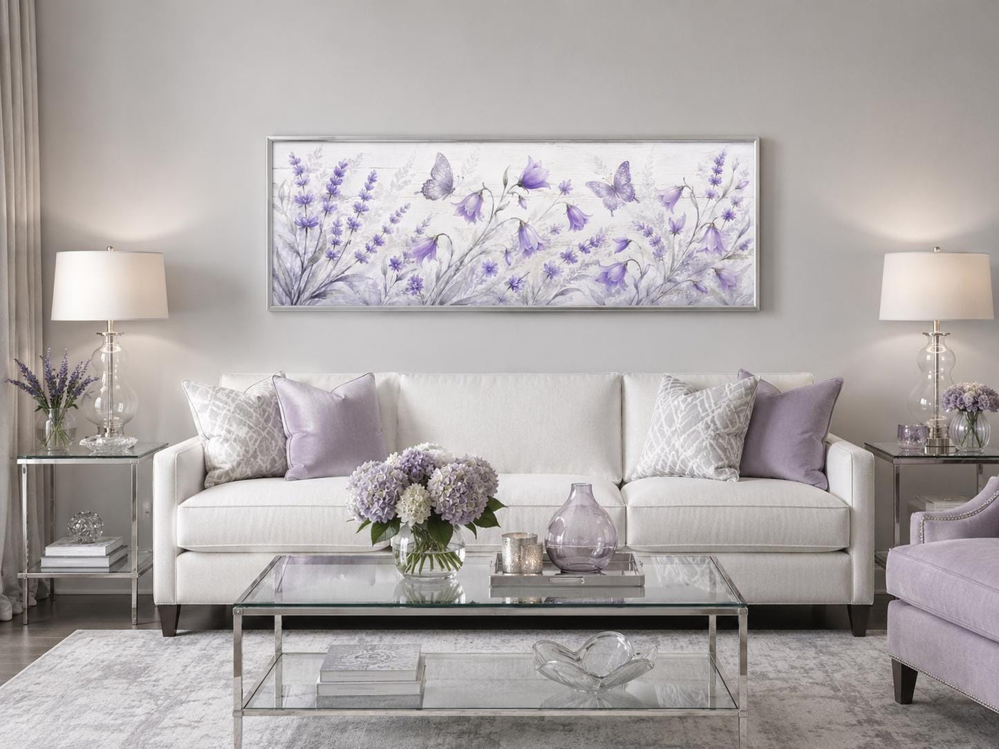 Lavender Bedroom Canvas - Long Horizontal Wildflowers Wall Art with Butterflies