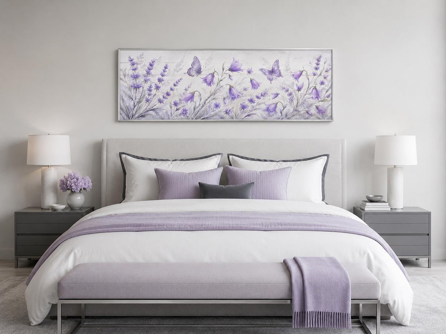 Lavender Bedroom Canvas - Long Horizontal Wildflowers Wall Art with Butterflies