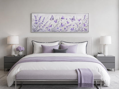 Lavender Bedroom Canvas - Long Horizontal Wildflowers Wall Art with Butterflies