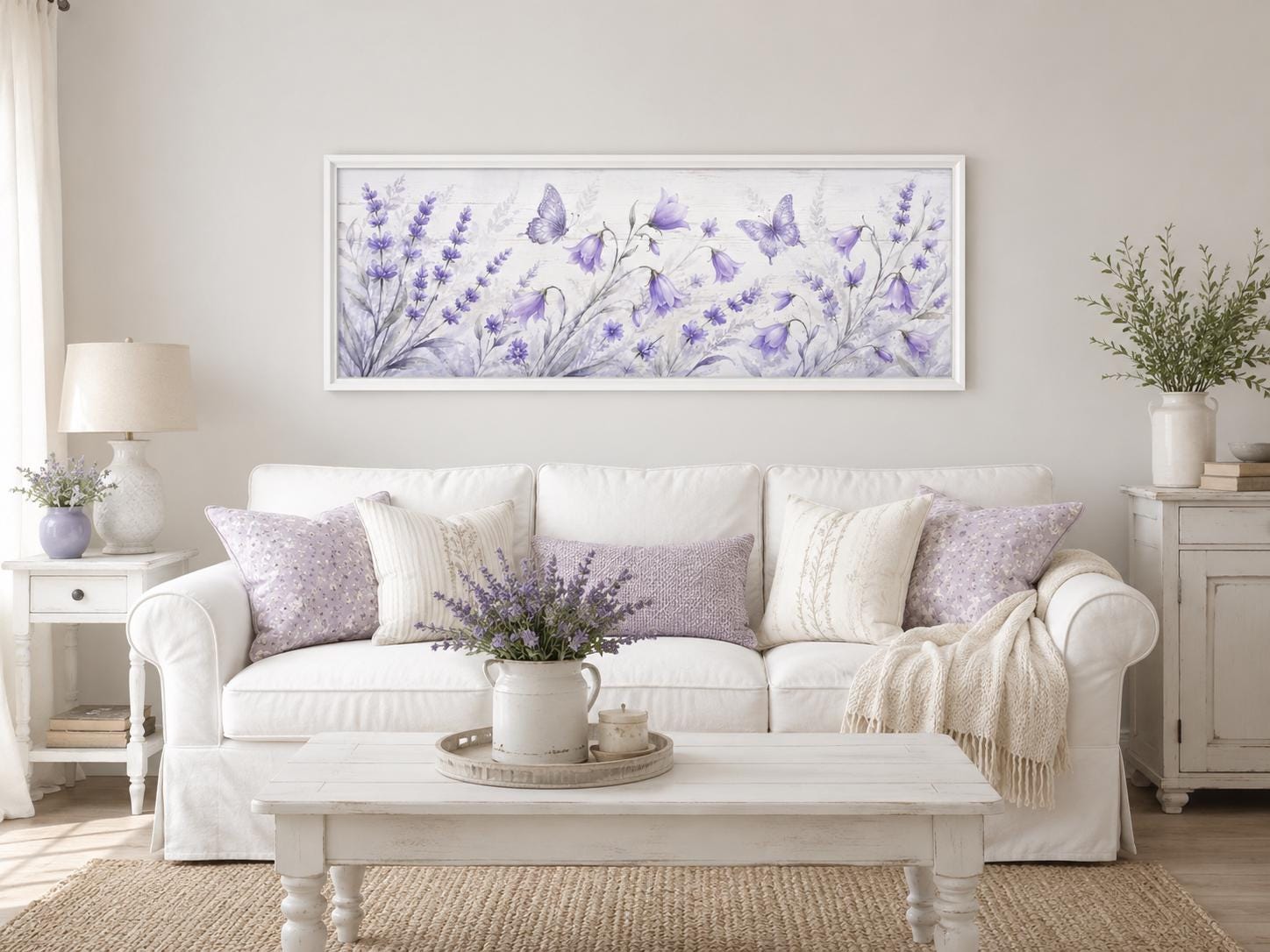 Lavender Bedroom Canvas - Long Horizontal Wildflowers Wall Art with Butterflies