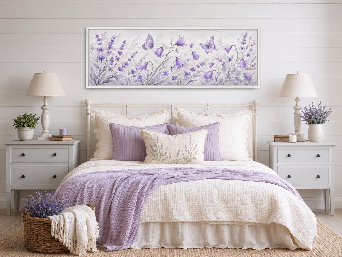 Lavender Bedroom Canvas - Long Horizontal Wildflowers Wall Art with Butterflies