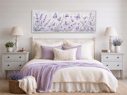 Lavender Bedroom Canvas - Long Horizontal Wildflowers Wall Art with Butterflies