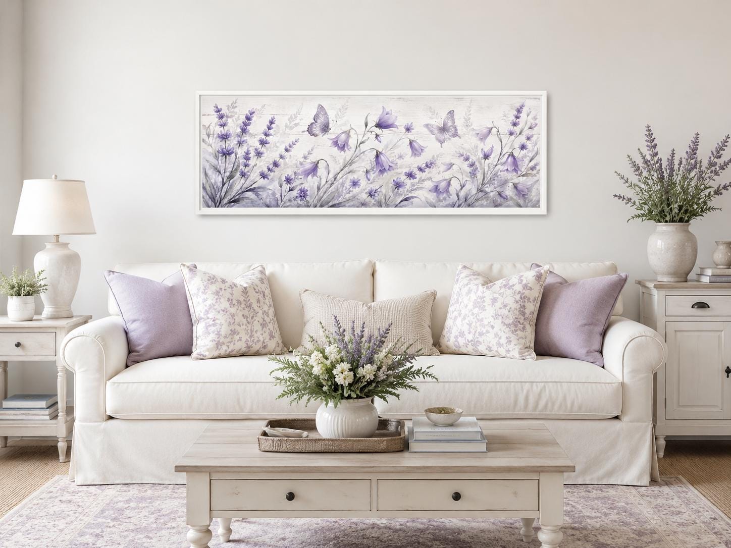 Lavender Bedroom Canvas - Long Horizontal Wildflowers Wall Art with Butterflies