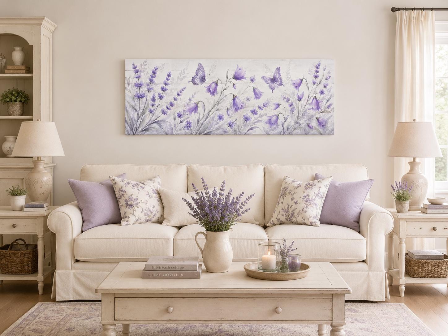Lavender Bedroom Canvas - Long Horizontal Wildflowers Wall Art with Butterflies