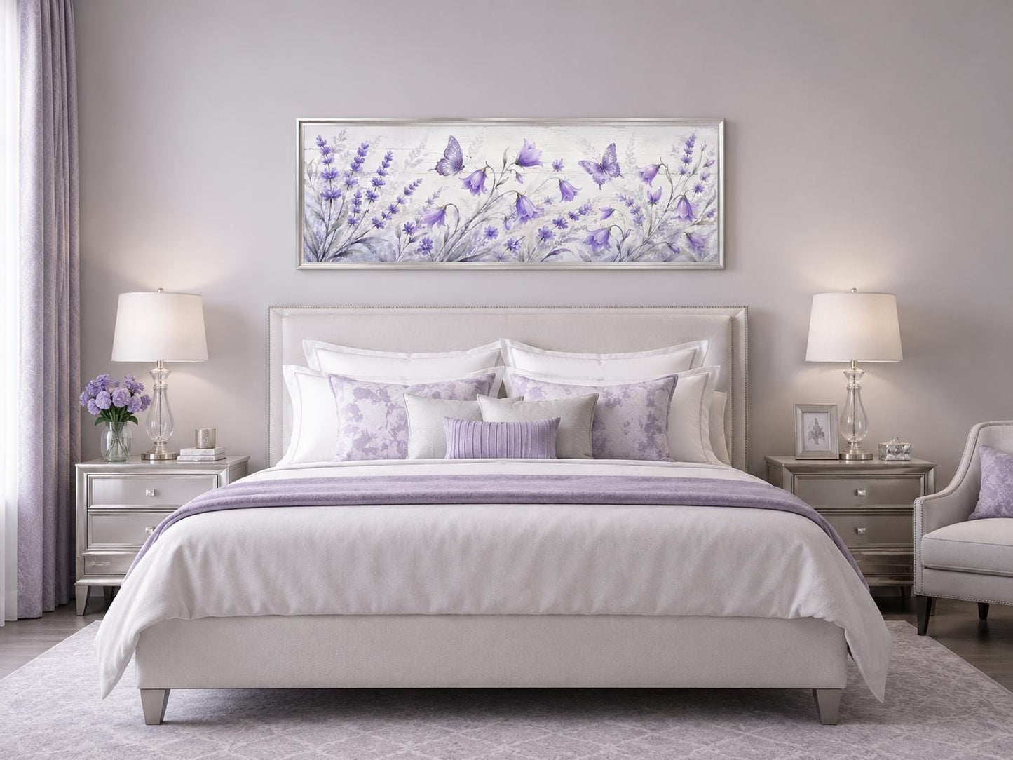 Lavender Bedroom Canvas - Long Horizontal Wildflowers Wall Art with Butterflies