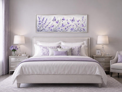 Lavender Bedroom Canvas - Long Horizontal Wildflowers Wall Art with Butterflies