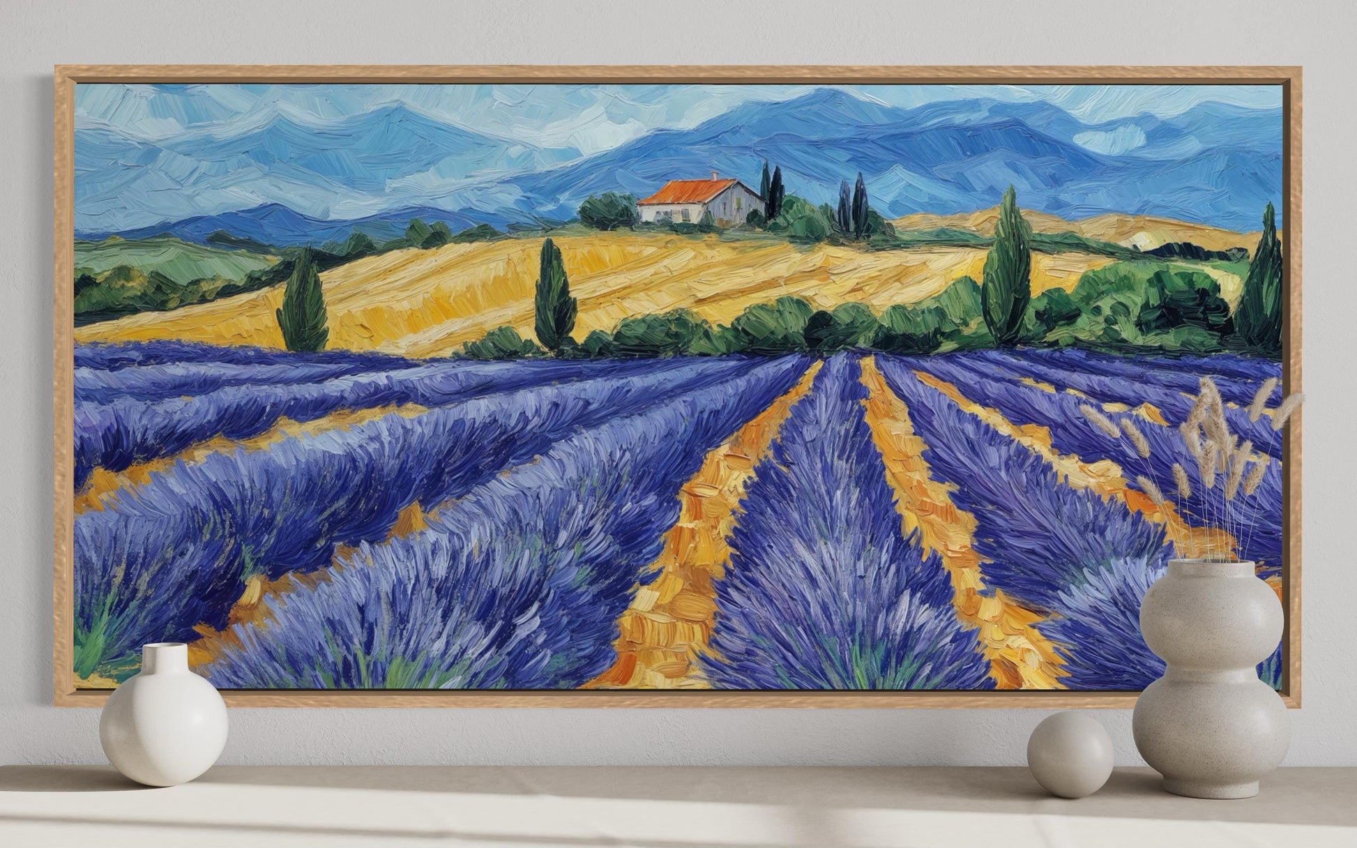 Lavender Field Wall Art - Rustic Countryside Canvas Print | Purple Flower Painting