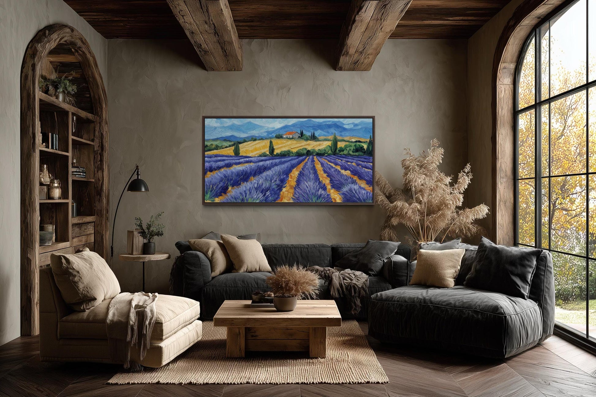 Lavender Field Wall Art - Rustic Countryside Canvas Print | Purple Flower Painting