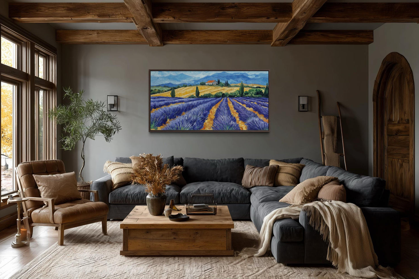 Lavender Field Wall Art - Rustic Countryside Canvas Print | Purple Flower Painting