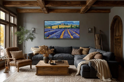 Lavender Field Wall Art - Rustic Countryside Canvas Print | Purple Flower Painting