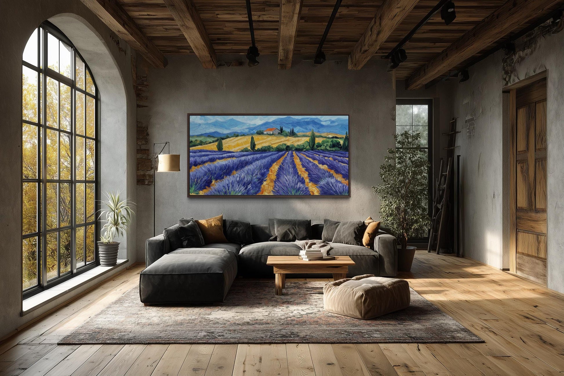 Lavender Field Wall Art - Rustic Countryside Canvas Print | Purple Flower Painting
