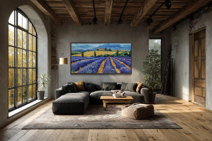Lavender Field Wall Art - Rustic Countryside Canvas Print | Purple Flower Painting